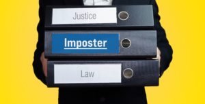 Imposter. Lawyer carries a stack of 3 file folders. One folder has a blue label. Law, justice, judgement